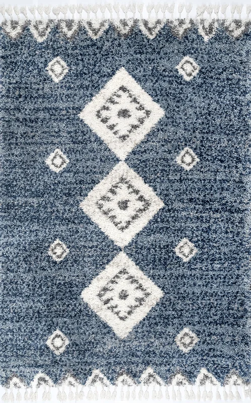 Diamond Totem Shag With Tassels Rug | Blue