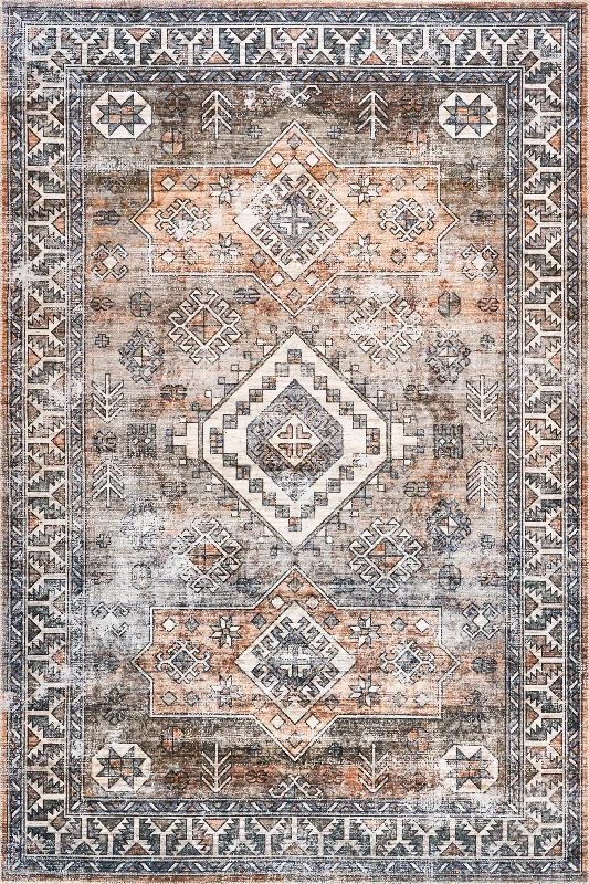 Faded Geometric Washable Rug | Rust