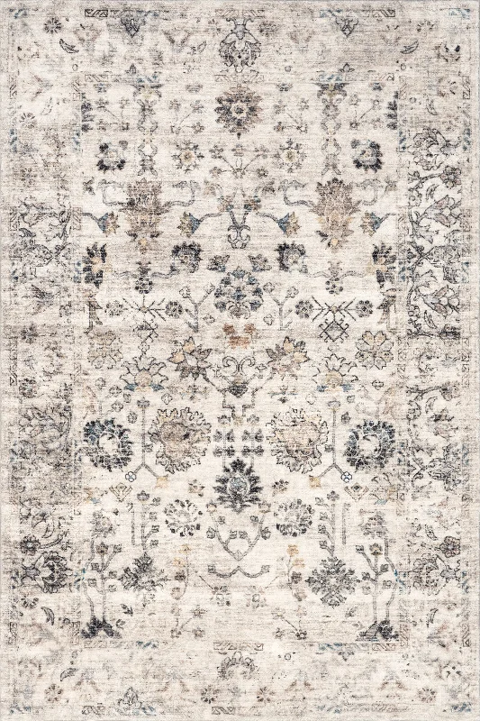 Leola Vintage Garden Floral Washable Rug | Grey