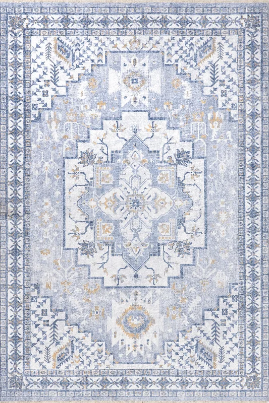 Mildred Fringed Vintage Medallion Washable Rug | Light Blue