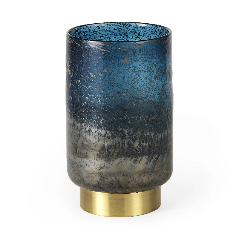 10" Artisan Blue and Gold Metallic Flat Bottom Vase