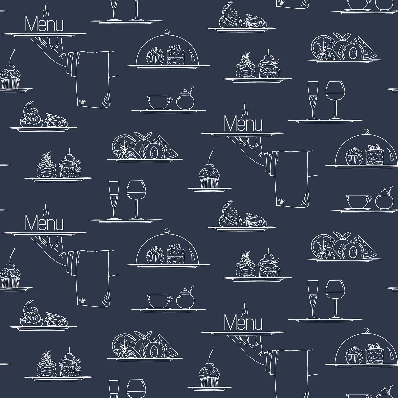 Chalkboard Menu Navy Wallpaper from the Just Kitchens Collection