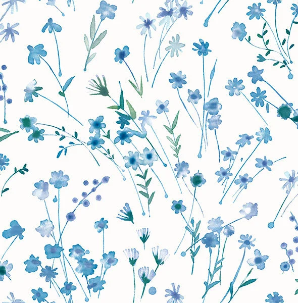 Heidi Blue Watercolor Florals Wallpaper