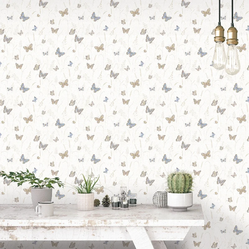 Meadow Butterfly Beige/Blue Wallpaper from the Kitchen Recipes Collection