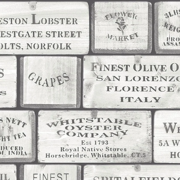 Olde Boxes Grey/White Wallpaper from the Kitchen Recipes Collection