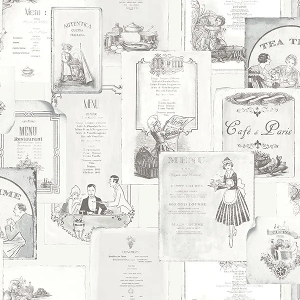 Olde Menus Black/White Wallpaper from the Kitchen Recipes Collection