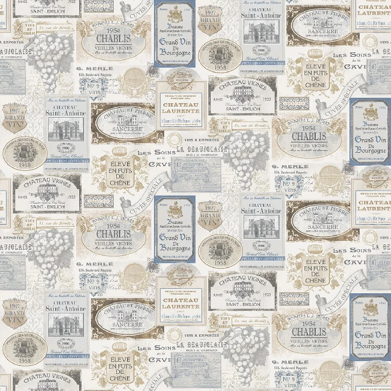 Wine Labels Beige/Blue Wallpaper from the Kitchen Recipes Collection