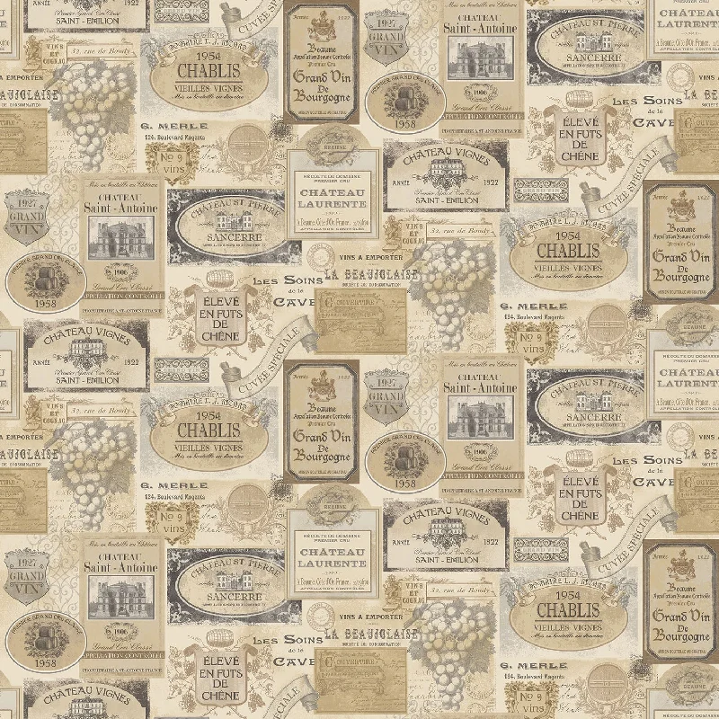 Wine Labels Beige/Grey Wallpaper from the Kitchen Recipes Collection