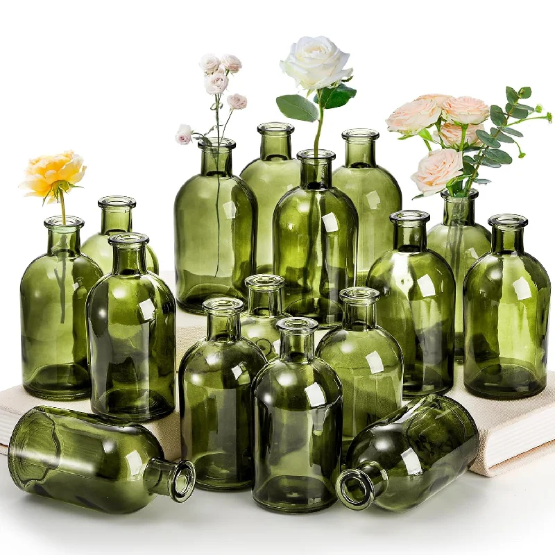 16 Pack Small Living Bud Vases 8 Oz Green Glass Small Vase Decorative Bottles