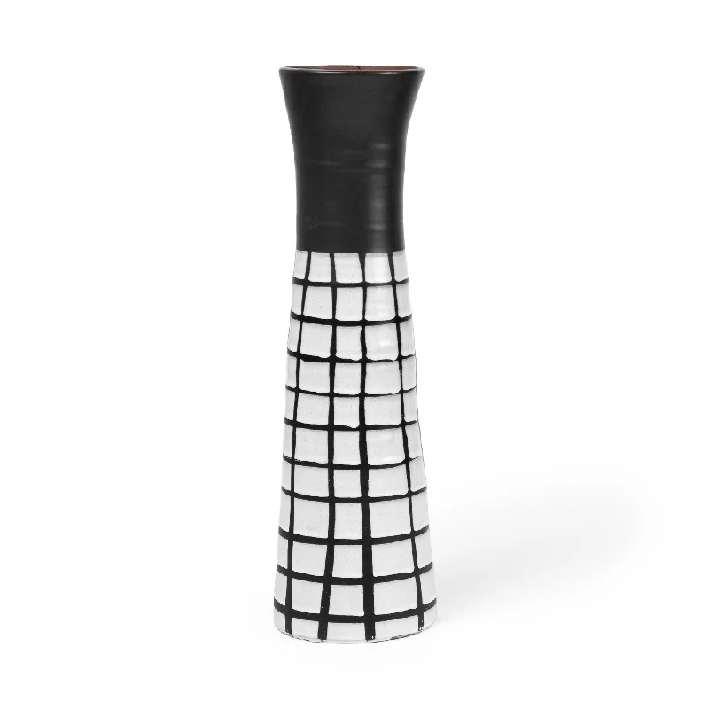 17" Black and White Modern Grid Ceramic Vase