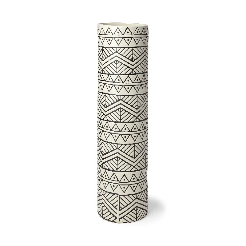 17" Cream and Charcoal Geometric Cylinder Ceramic Vase