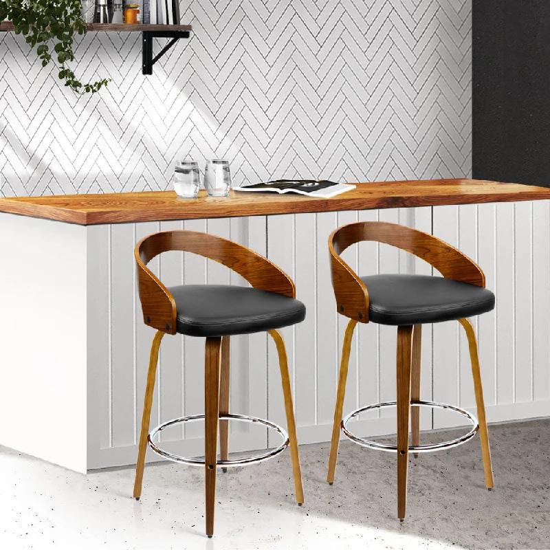 Set of 2 Alicante Walnut Wood Bar Stools - Black & Brown