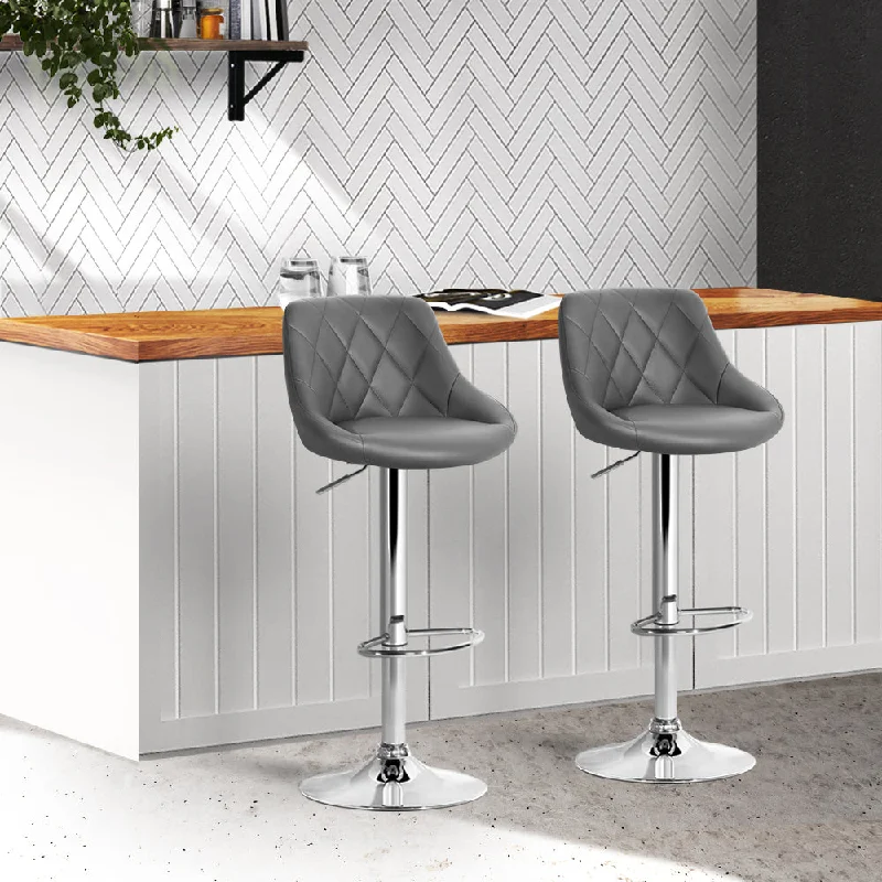 Set of 2 Corfu Bar Stools PU Leather Diamond Style - Grey