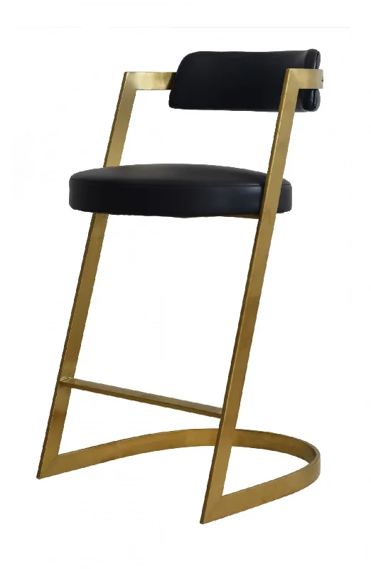 26" Black And Gold Faux Leather And Stainless Steel Low Back Counter Height Bar Chair