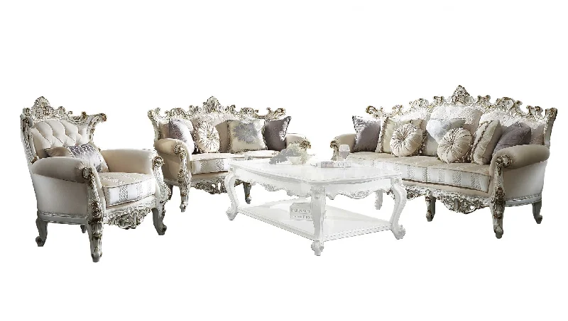 61" Ivory And Silver Damask Chesterfield Loveseat