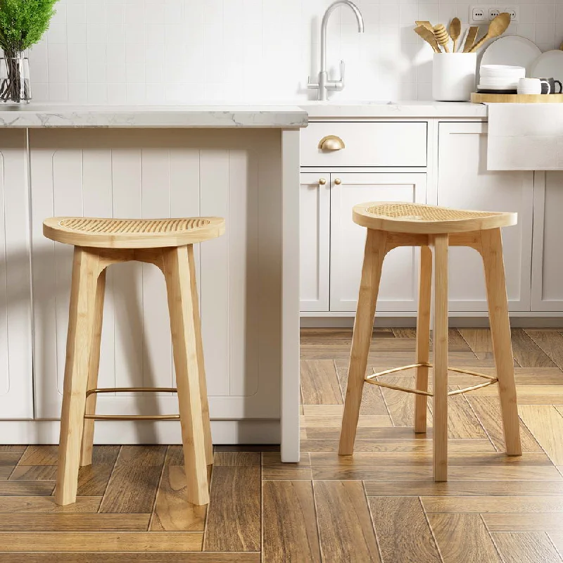 Set of 2 Lisbon Bar Stools Bamboo Rattan Stool Counter Chair Kitchen Barstools - Natural Wood