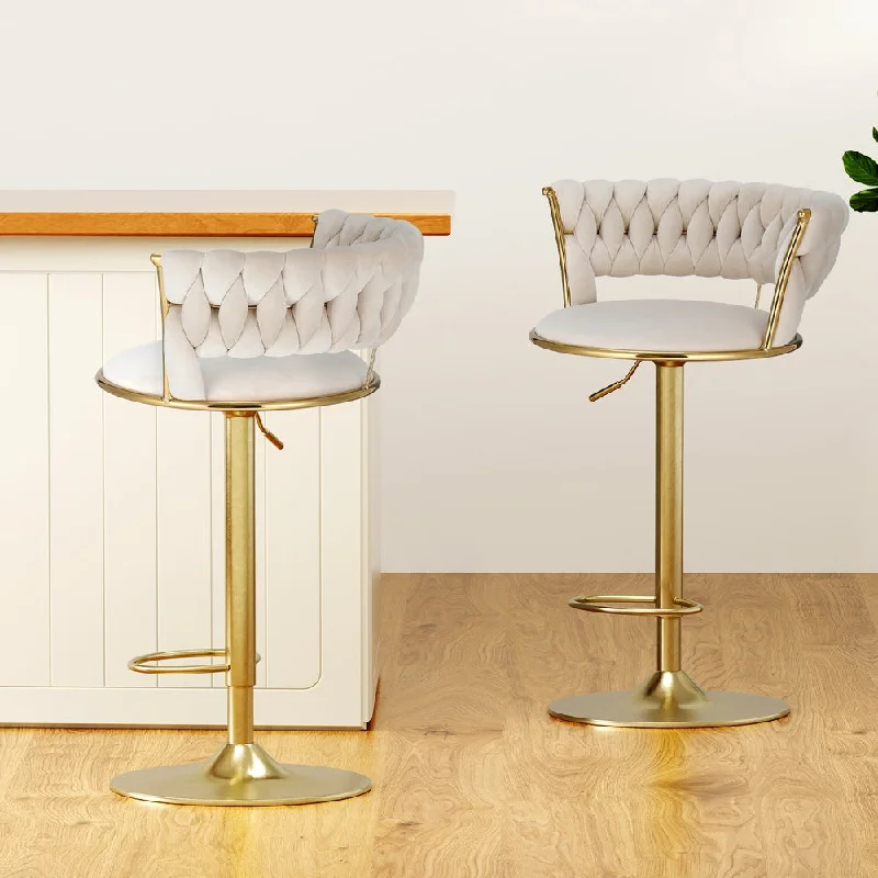 Set of 2 Saldus Bar Stools Gas Lift Velvet Woven Backrest - Ivory