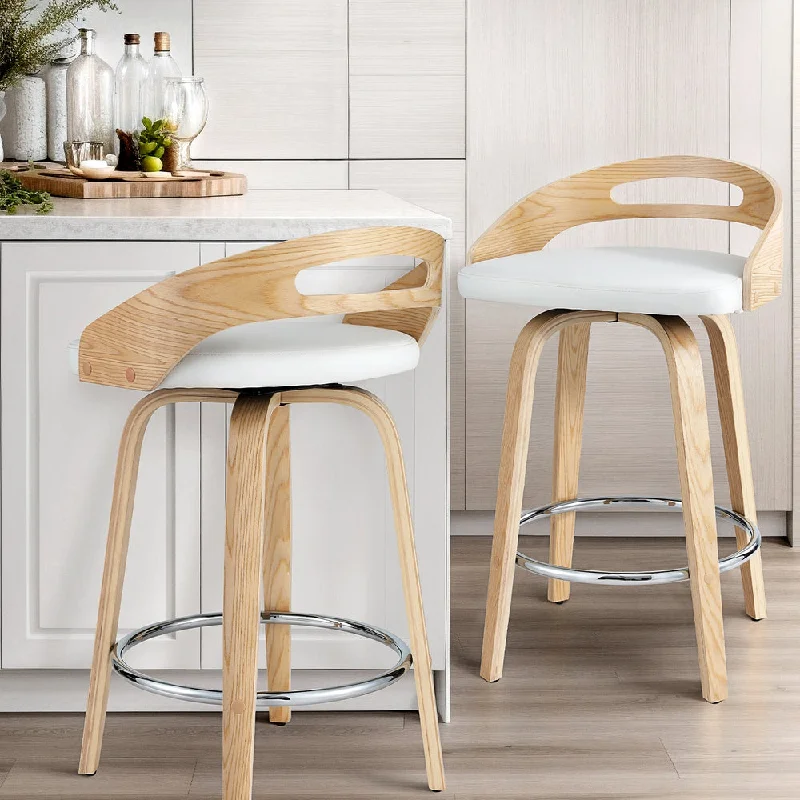 Set of 2 Athens Bar Stools Swivel Dining Chairs Low Back Counter Seat PU Cushion - White