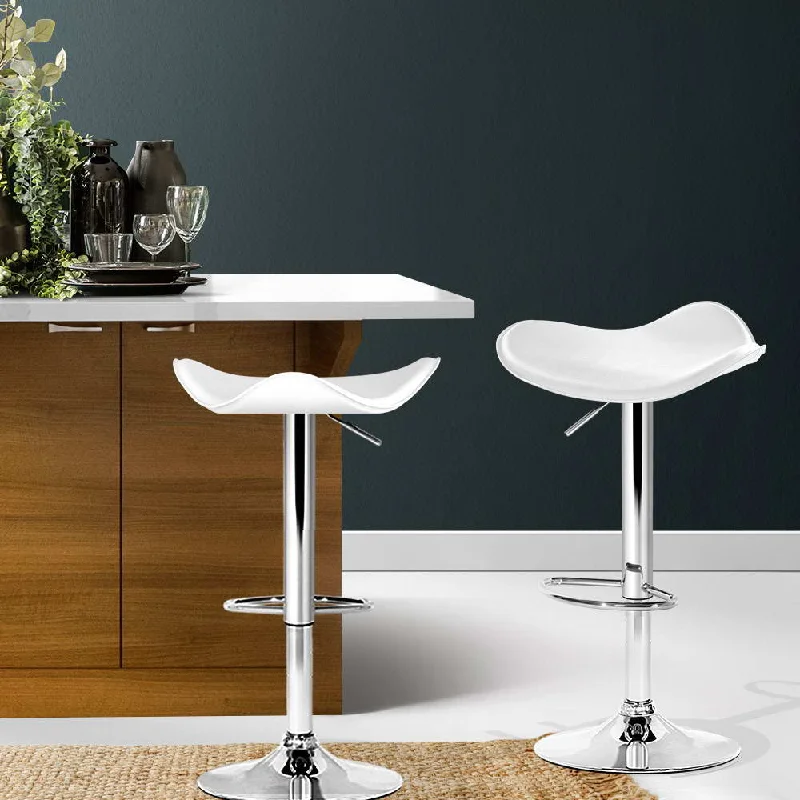 Set of 2 Marbella Gas Lift Bar Stools PU Leather - White & Chrome