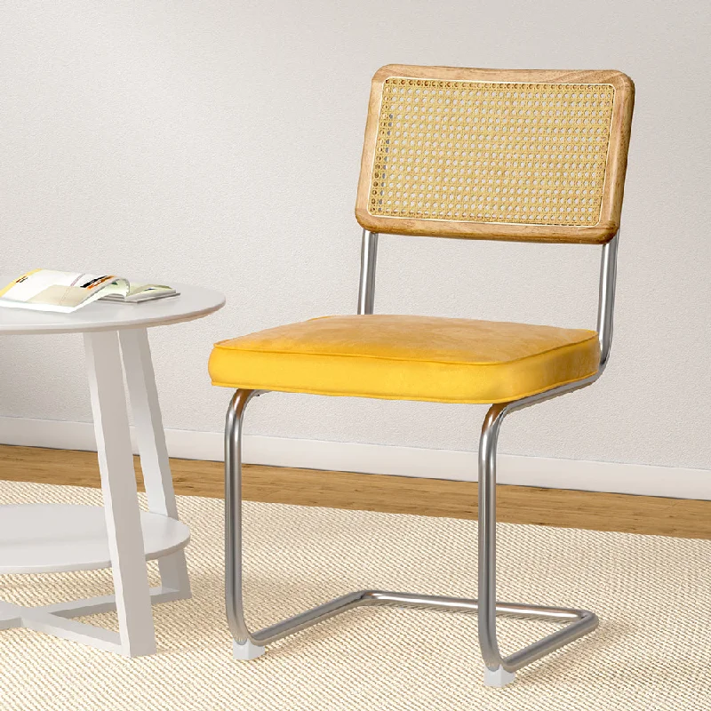 Agnes Set of 2 Dining Chairs Velvet Rattan Cantilever - Yellow