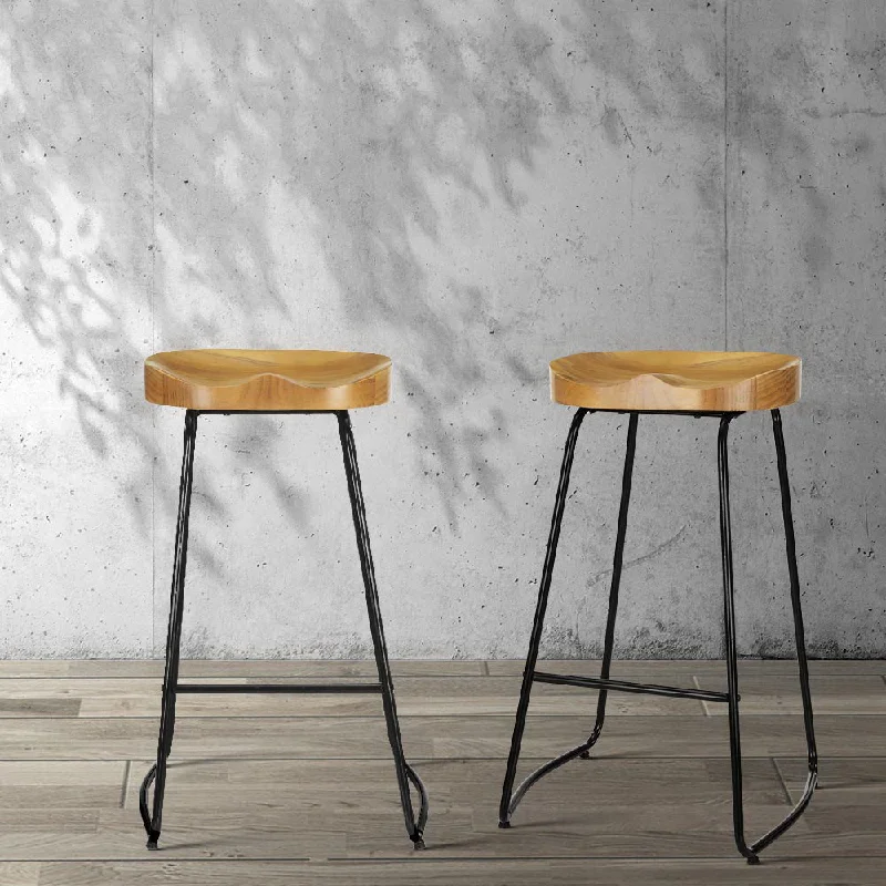 Set of 2 Reggio 75cm Elm Wood Backless Bar Stools - Black & Natural