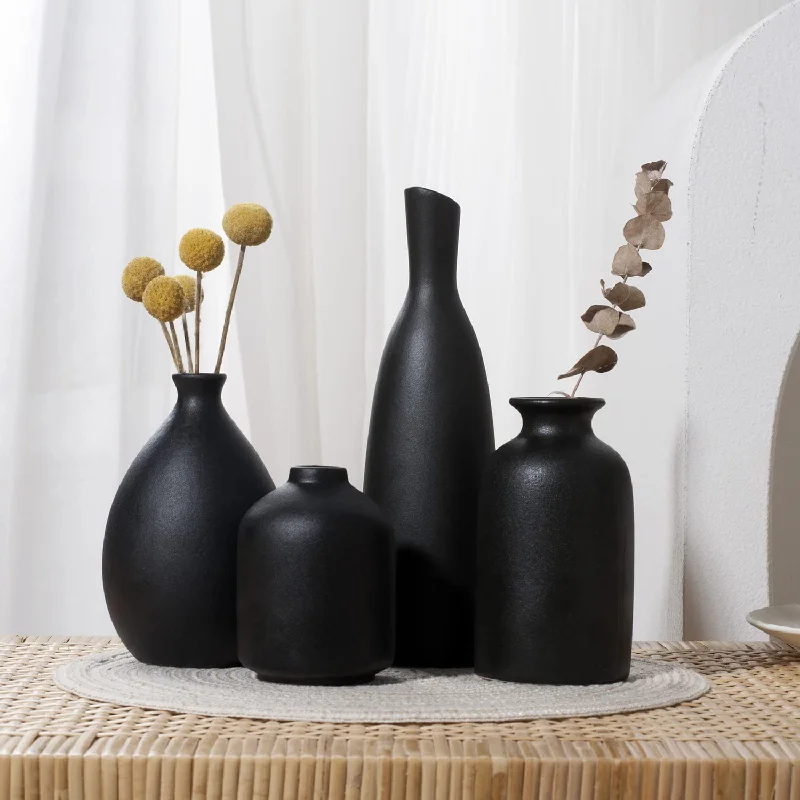 Black Ceramic Vase Set Of 4, Classic Matte Vases Home Decorations For Table Sh