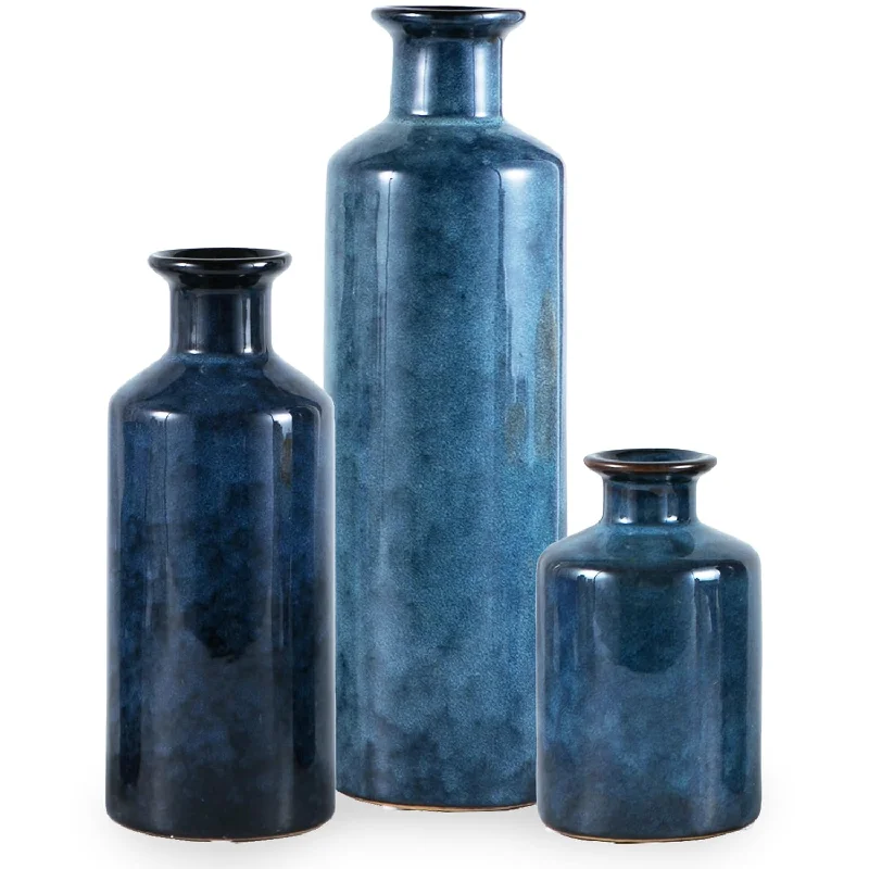 Blue Ceramic Vase Set Of 3 Small Vases, Modern Farmhouse For Home Decor Bottle