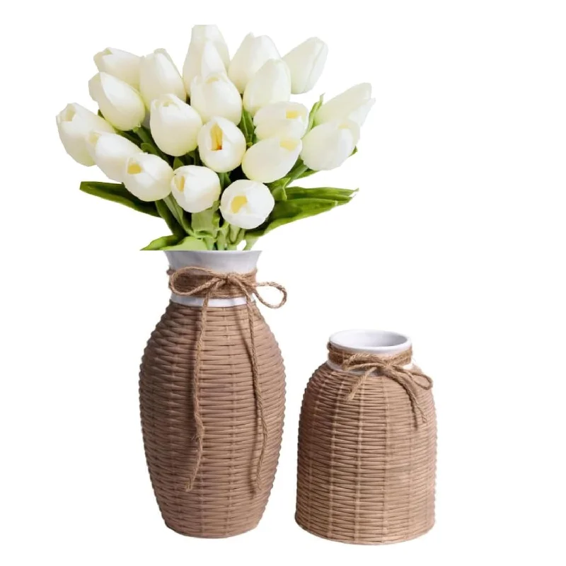 Brown Vase, Rustic Farmhouse Rattan Ceramic Vases For Tulip Flowers And Pampas