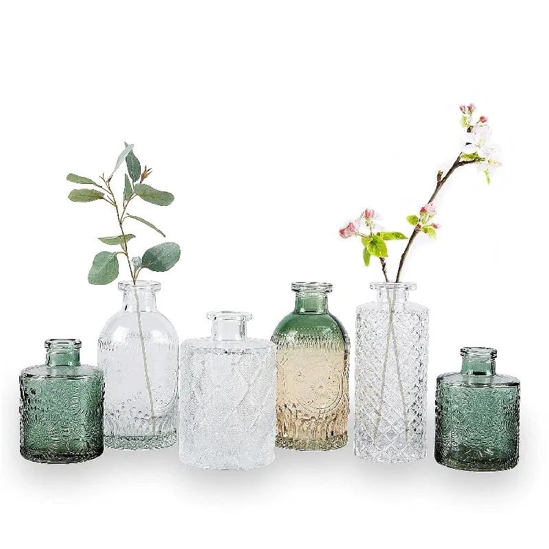 Bud Vase Set Of 6, Small Flower Vases For Decorative, Gradient Glass And Embos