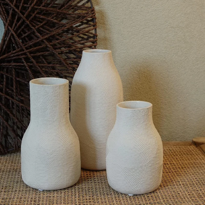 Ceramic Vases For Home Decor - Matte White Textured Vase Set Of 3, Decorative