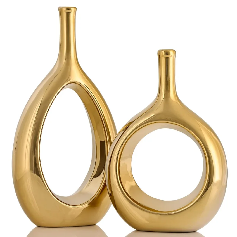 Gold Vase Glossy Ceramic Vase Set Of 2,Gold Vases For Home Decor,Gold Vases Fo