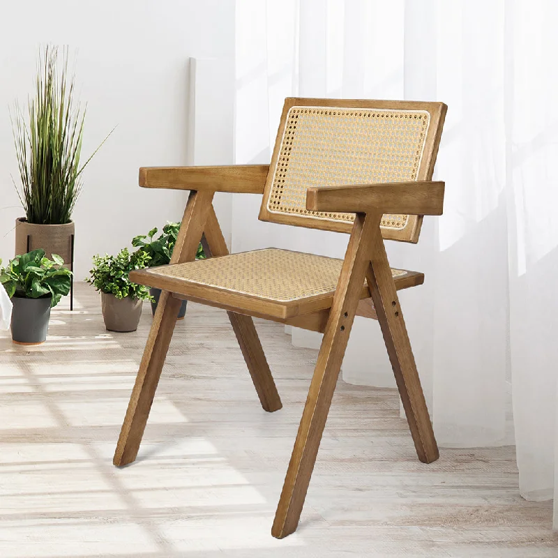 Elowen Dining Chair Solid Wood Rattan Armchair Wicker Accent Lounge Chairs - Natural