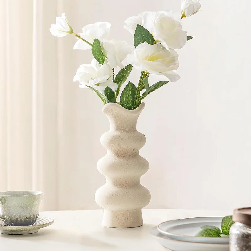 Modern Decorative White Ceramic Vases For Home Decor 8.3 Inch, Abstract Minima