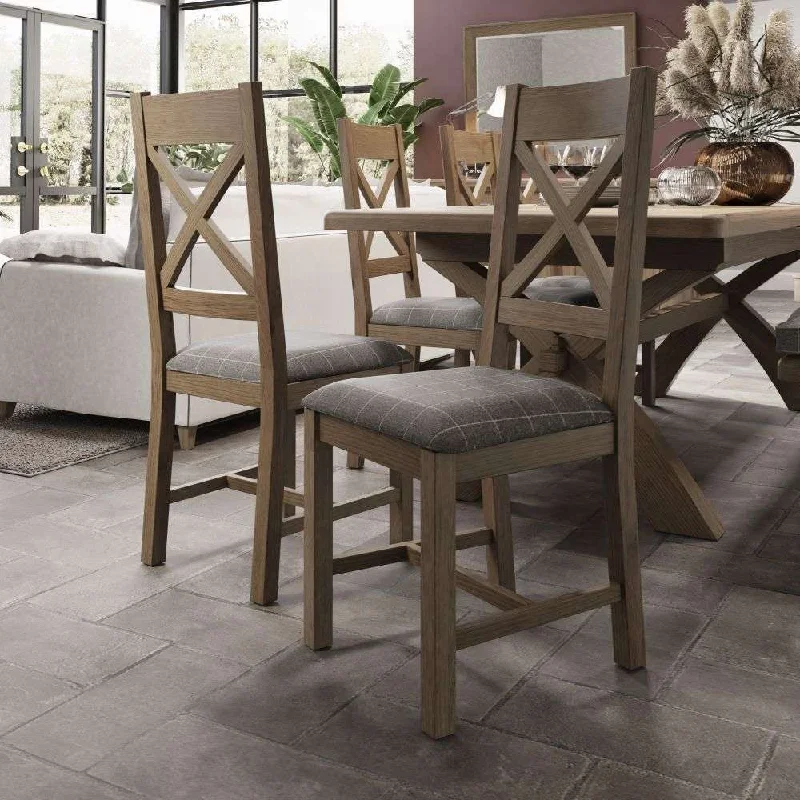 Rusper Oak Cross Back Fabric Dining Chair - Grey Check