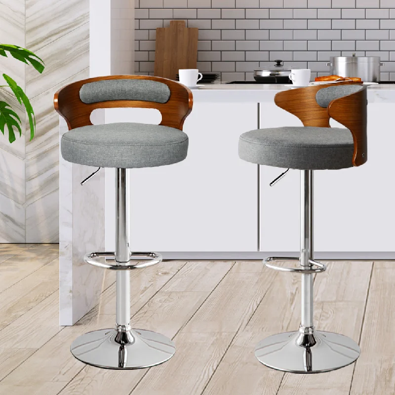 85cm Leipzig Kitchen Bar Stools Gas Lift Wooden Beech Stool Metal Barstools - Grey & Silver