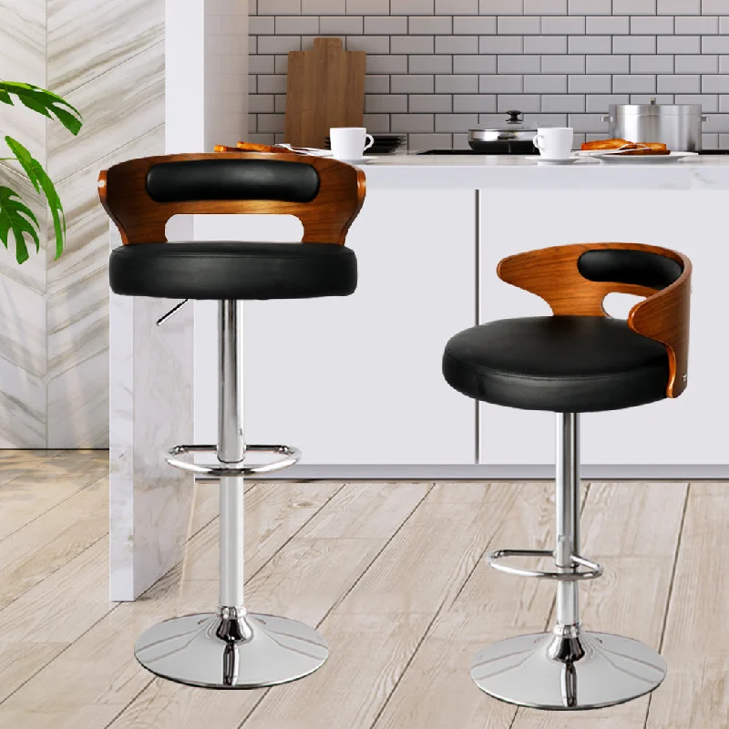 85cm Leipzig Kitchen Bar Stools Gas Lift Wooden Beech Stool Metal Barstools - Black & Silver