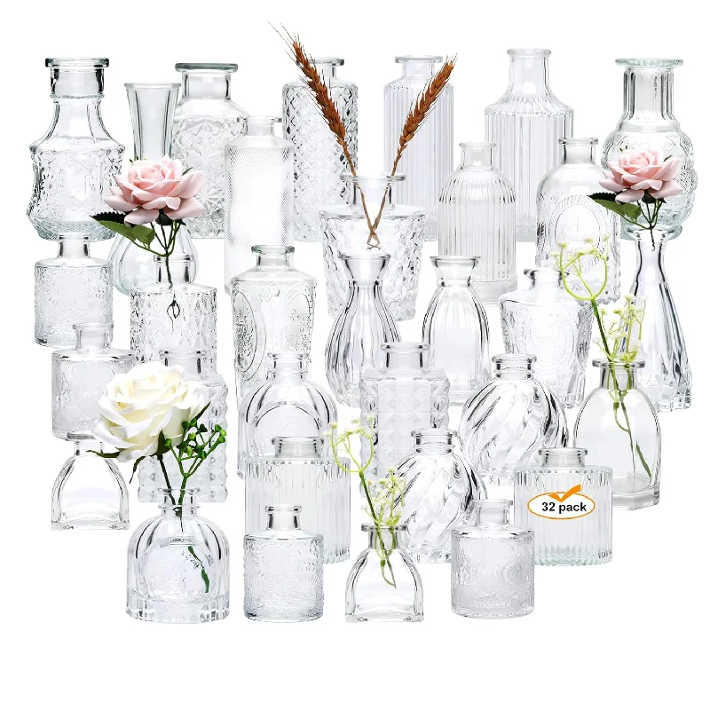 Set Of 32 Bud Vases For Flowers, Small Vintage Glass Bottles For Rustic Weddin