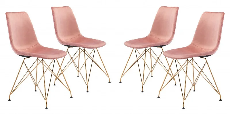 Set of Four Pink and Gold Upholstered Velvet Dining Side Chairs