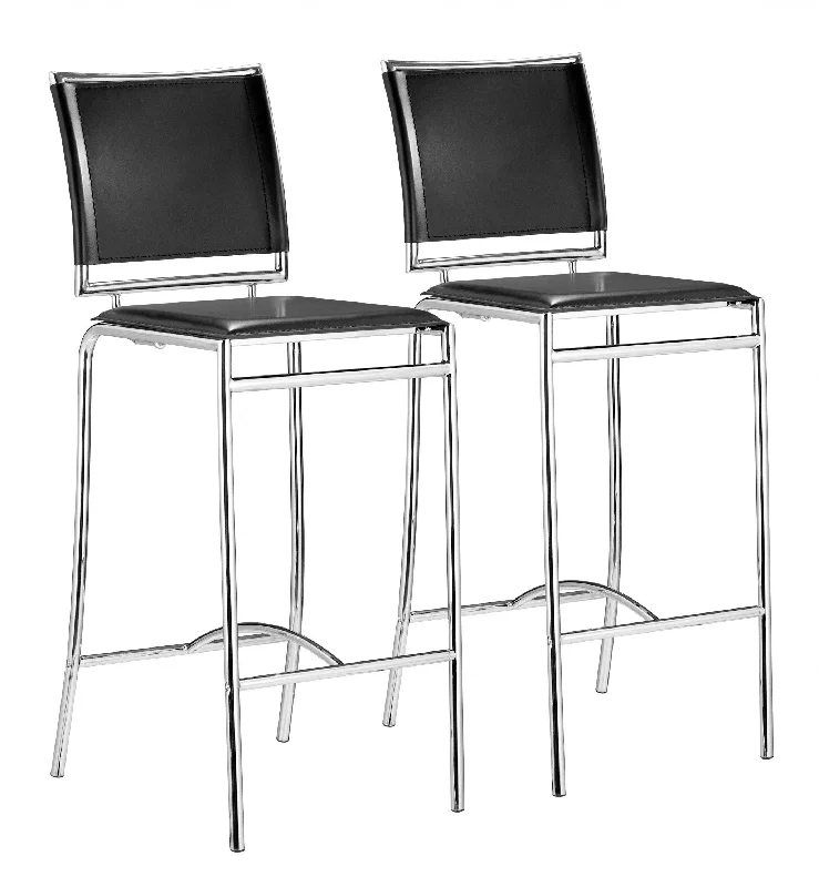 Set of Two 29" Black And Silver Steel Low Back Bar Height Bar Chairs