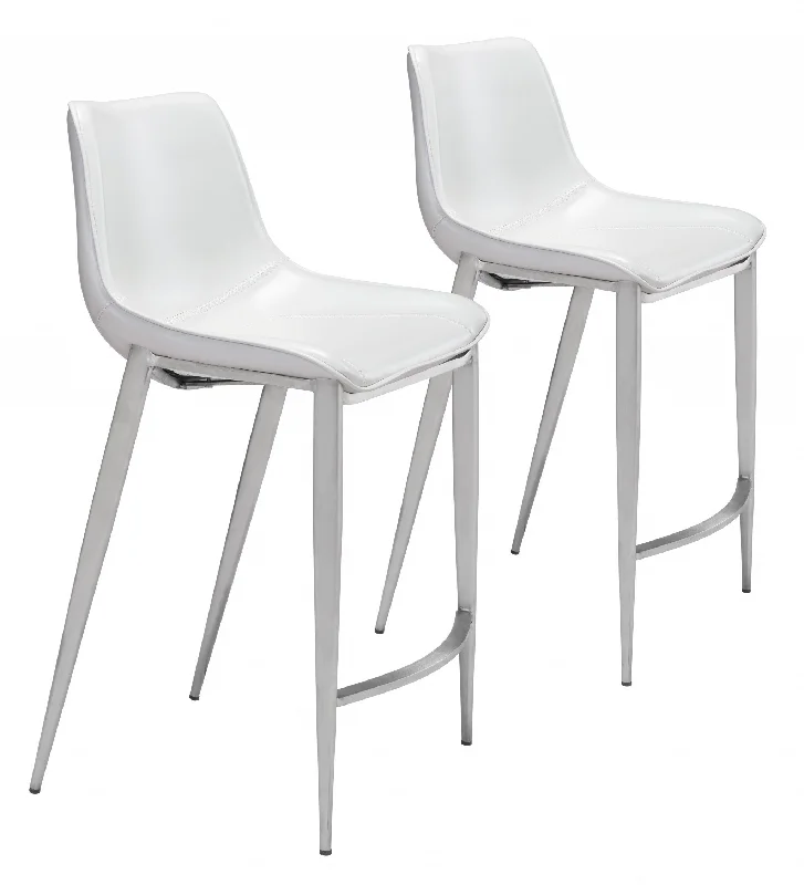 Set of Two 26" White And Silver Steel Low Back Counter Height Bar Chairs