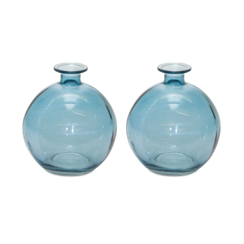 Set of Two Blue Glass Round Table Vase