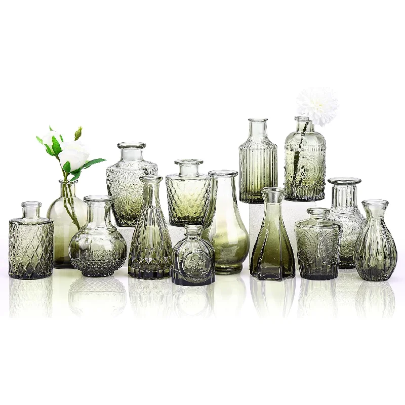 Small Vases 14Pcs Glass Bud Vase Set In Bulk, Gradual Green Relief Vase For Ce