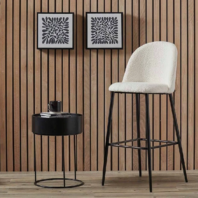 Turi Bouclé White Fabric and Black Metal Bar Stool