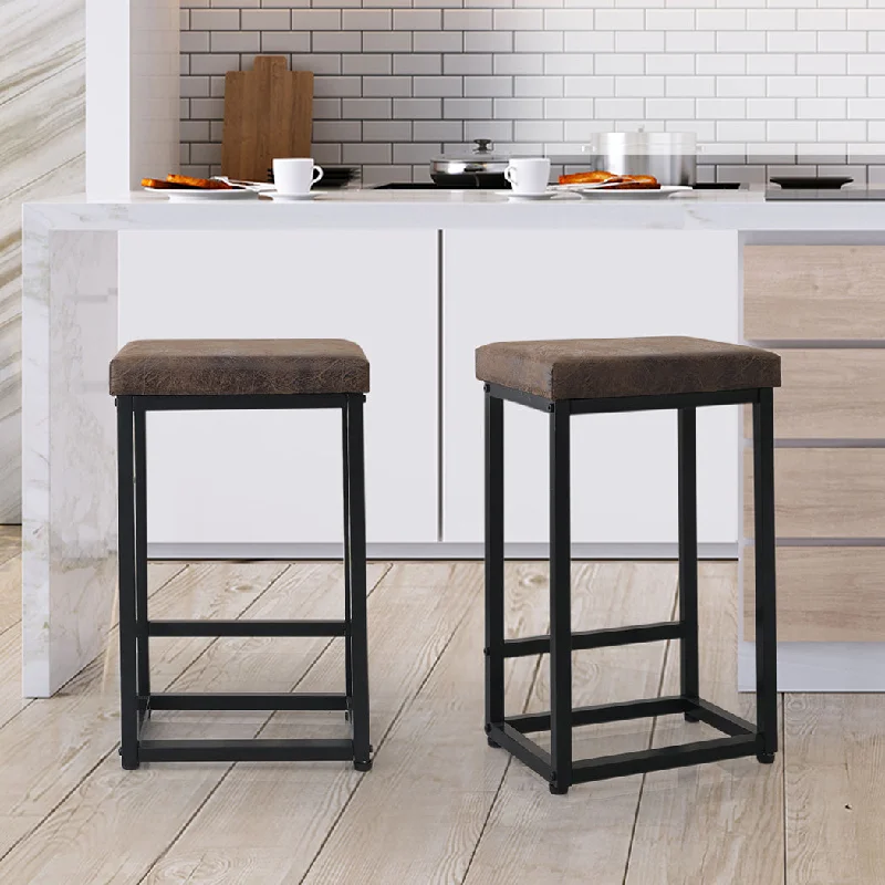 Set of 2 Stockholm Upholstered Bar Stools Backless Leather Metal Kitchen Counter Chairs - Black Brown