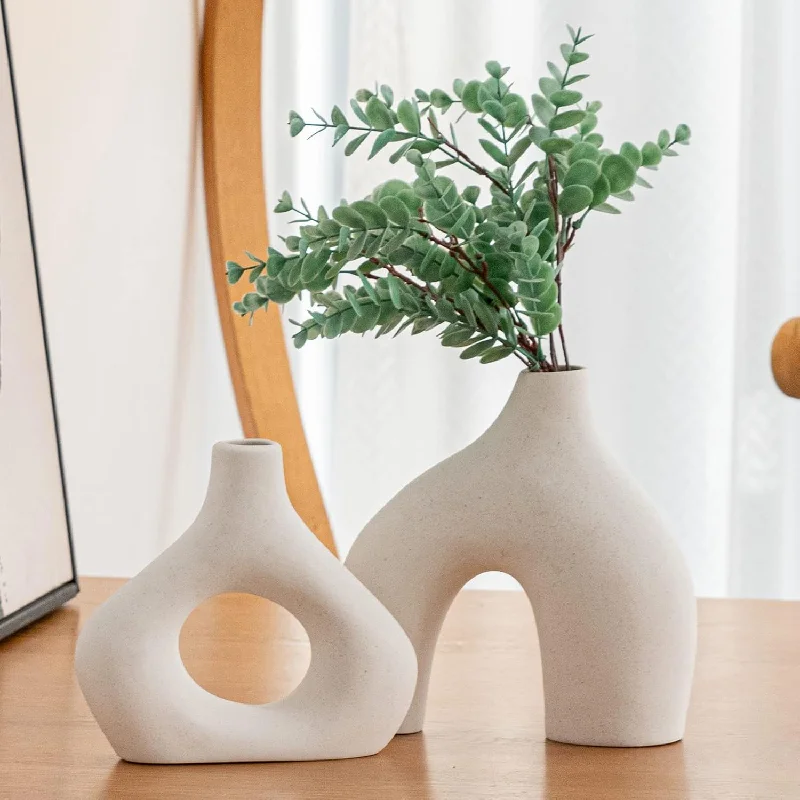 White Ceramic Vase Set Of 2 For Modern Home Decor, Round Matte Donut Vases For