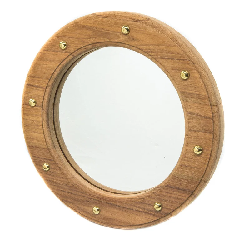 11" Round Wall Mounted Teak Wood Mirror with Nautical Rivets