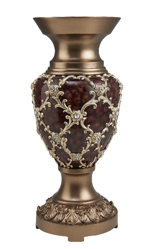 18" Gold and Brown Damask Polyresin Round Urn Vase