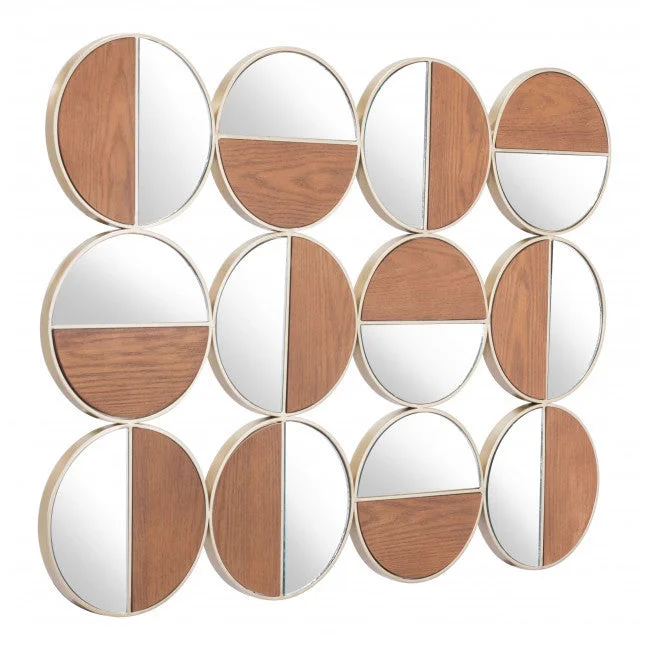 Set of Twelve Gold and Walnut Round Steel Framed Accent Mirror