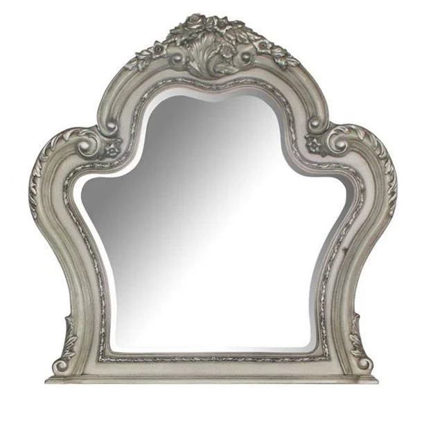 Benzara Arch Shape Wooden Frame Wall Mirror with Carved Details, Antique Silver