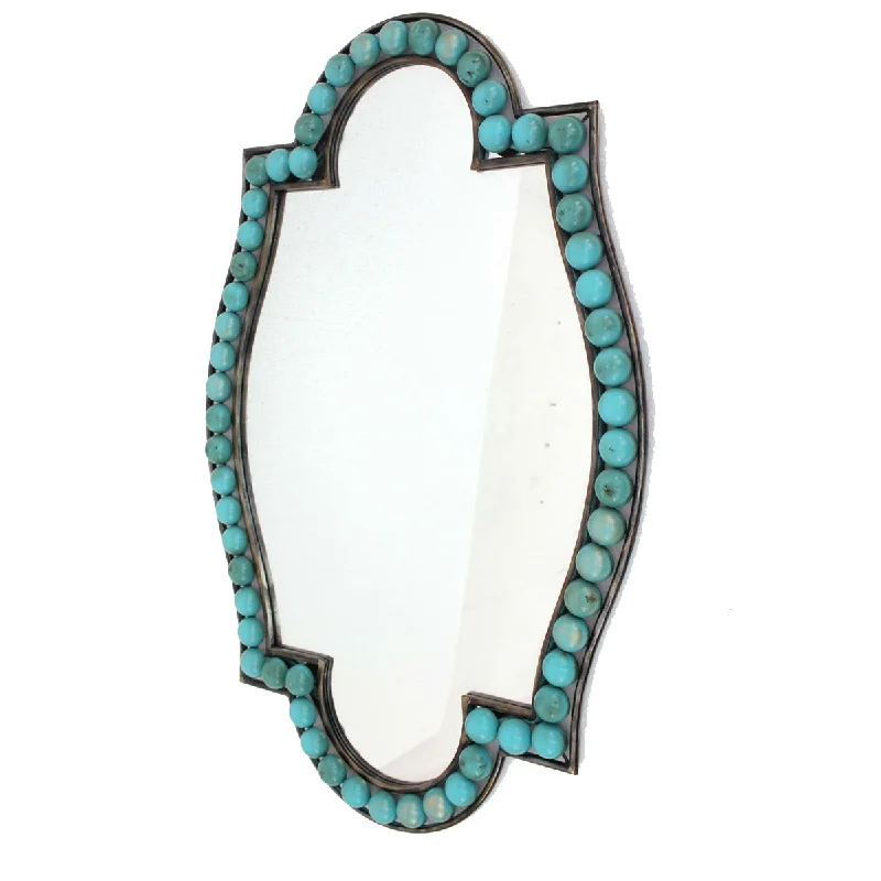 Benzara Quatrefoil Shape Metal Wall Mirror with Pearl Accents, Blue and Brown